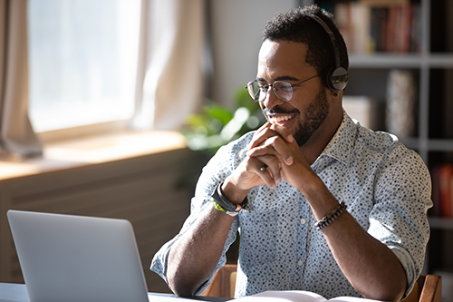 Smiling person holding video call with clients partners.